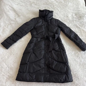 Cole Haan S Signature Black Quilted Long Coat Rolled Hood Belt Black - Picture 1 of 22