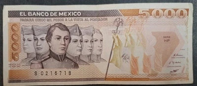 1987 Mexico 5000 Pesos P88b, Serie  HP S0216718. - Image 1 of 3