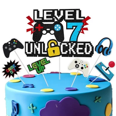 Videojuego Cake Topper, Nivel 7 Desbloqueado Cake Toppers, Feliz 7º Cumpleaños Juego Foto 1 de 4