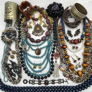 Boho Ethnic Tribal Style Statement Jewelry Lot 34 pc Wood Mixed Metals Stone ++ - Picture 1 of 14