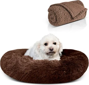 Calming Fluffy Soft FuzzyPet Bed + Blanket for Pet Cats/Dog- Medium- Dark Brown - Picture 1 of 7