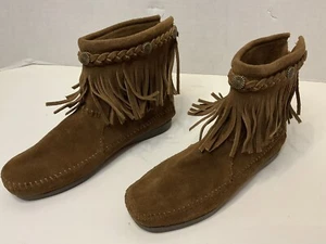 MINNETONKA MOCCASINS BROWN SUEDE FRINGED ANKLE-HIGH SIZE 5 - Picture 1 of 17