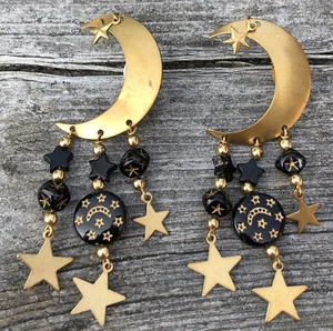 2 Vintage 90s Beaded Star Moon Crest Goddess Spiritual Push Pin Cork Board Art - Picture 1 of 4
