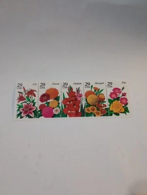 29 CENT MINT NH OG SUMMER GARDEN FLOWERS 5 STAMP STRIP FV 1.45 CV 8.25 - Image 1 of 4