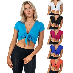 Ladies Plain Cap Short Sleeve Tie Up Front Bolero Shrug Cropped Cardigan Top - Picture 1 of 40