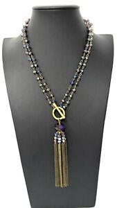 Joan Rivers Collection Purple Iridescent & Brass Tassel & Toggle Necklace 23"