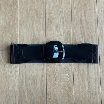 Lauren Ralph Lauren Mixed Media Patent Leather Fabric Glossy Black Wide Belt S - Image 1 of 3