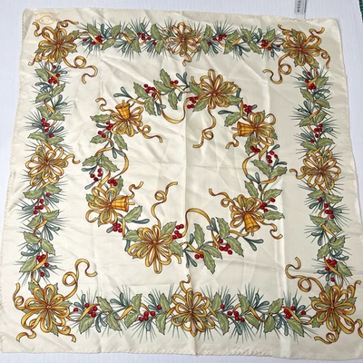 Oscar De La Renta Bufanda Crema Floral Cuadrada Seda Navidad Vacaciones Acebo Campanas Foto 1 de 4