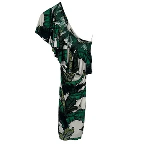 Tracy Reese One Shoulder Dress Green Leaf Print Ruffle Detail XS - Picture 1 of 7