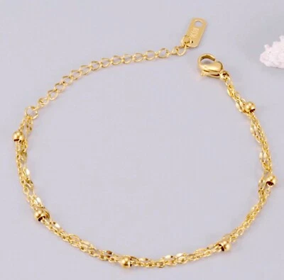 Titanium Stainless Steel Delicate Double Bead Twist Chain Anklet Bracelet 8-9.6" - Image 1 of 4