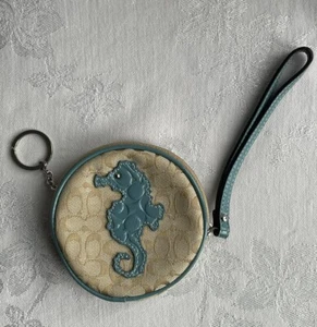 Coach Khaki Blue Signature Leather Appliqué Seahorse Coin Purse Keychain Round - Picture 1 of 7