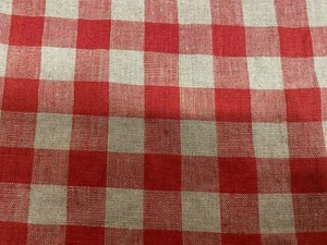 French Vintage 100% Linen Gingham Check RED Curtain Upholstery Fabric - Picture 1 of 7