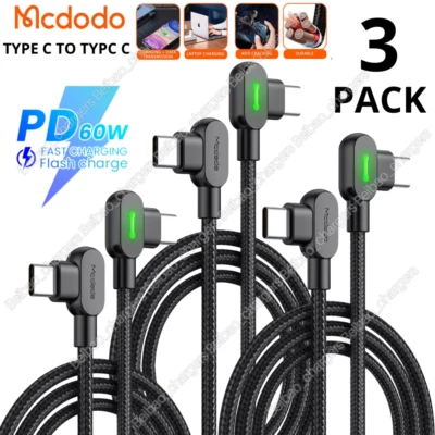 3Pack Mcdodo Type C to Type C Cable 60W Led Elbow PD Nylon Fast Charger 3A Cord - Image 1 of 4