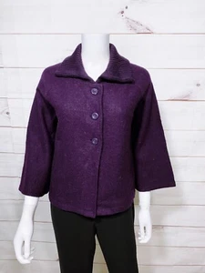 Linda Lucia Womens Sweater Jacket Size M Plum Button-Up Pockets 100% Wool - Picture 1 of 6