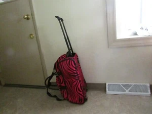 Pink Black Zebra Stripe Zipper Pockets Duffle Bag Wheeled Telescoping Handle - Picture 1 of 4