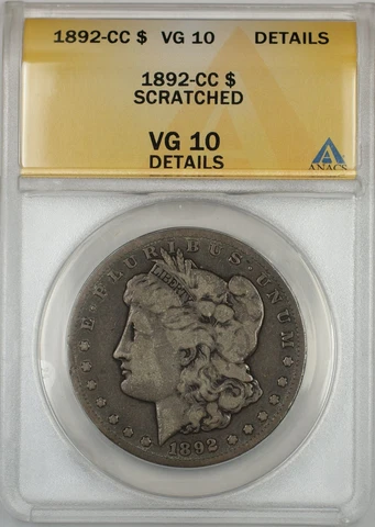 1892-CC Morgan Silver Dollar $1 ANACS VG 10 Scratched Details Cover