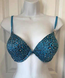 NWT VICTORIA’s SECRET BRA 36D Blue Leopard Ultimate Push-up Lingerie Underwire - Picture 1 of 8
