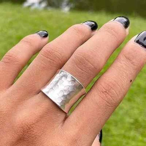 Hammered Sterling Silver Wide Band Ring, Handmade Shiny Silver Wrap Ring, can be - Picture 1 of 8