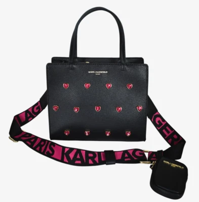 New KARL LAGERFELD MAYBELLE Black SATCHEL Bag with HEART Embellishments - Image 1 of 4