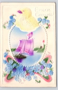 POSTCARD GREETING EASTER EMBOSSED CHICK & BLUE FLOWERS - Picture 1 of 2