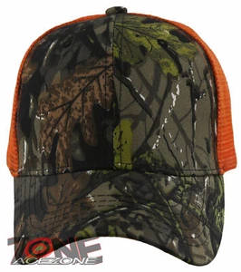 NEW! PLAIN SOLID MESH SNAPBACK BASEBALL CAP HAT ORANGE FOREST CAMO - Picture 1 of 4