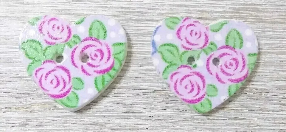 flower heart wood sewing buttons 2 holes 1 inch #16 pink green 2pc set - Image 1 of 2