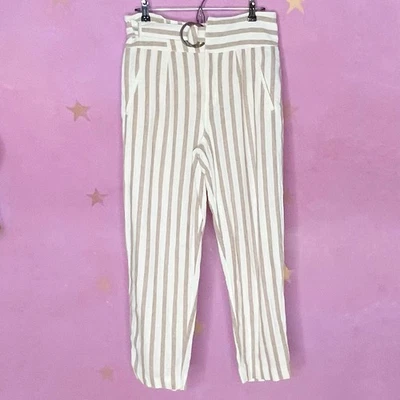 Pantalones de lino Anthropologie Oasis para mujer 10 marrones a rayas ajustados hasta el tobillo con cinturón Foto 1 de 4