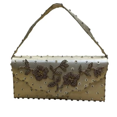 Vintage Handmade Women’s Gold Satin Beaded With Sequins & Handle Evening Purse - Image 1 of 4