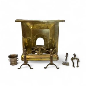 Antique Brass Dollhouse Fireplace Set, 7 pcs, Mini Fire Tools, Andirons, Fender - Picture 1 of 14