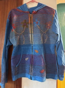 Women's Nepal BoHo Hoodie Hippie Light Jacket Multi Flower Blue Quilt Rag Large - Picture 1 of 4
