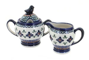 Blue Rose Polish Pottery Mosaic Flower Cream & Sugar - Picture 1 of 1