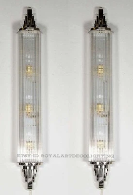 Par de apliques de pared antiguos Art Deco rascacielos níquel latón vidrio varilla luces de barco Foto 1 de 4