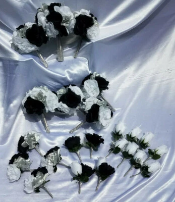 23 Pc Black, Silver & White Wedding Bouquet Set, Package w/ Silver & Rhinestones - Image 1 of 4