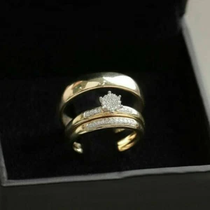 14K Yellow Gold Over His & Hers Diamond Trio Set Bridal Engagement Wedding Ring - Picture 1 of 6