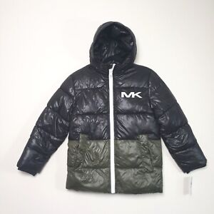 Michael Kors Boys Large 10-12 Black Green Puffer Hoodie Zip Pockets Jacket NWT