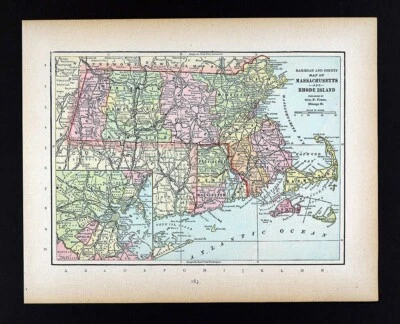 1894 Cram Map Massachusetts Rhode Island Boston Newport Salem Cape Cod Plymouth - Image 1 of 4