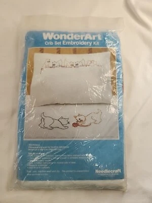WonderArt Crib Set "Kittens With Yarn" Cats Baby Stamped Cross Stitch #1604 NEW - Image 1 of 3