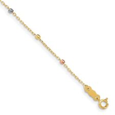 14K Tri Color Gold Beaded Cross With 1 IN Ext Bracelet for Women