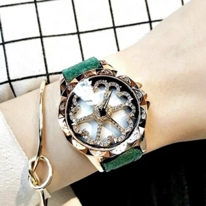 Dimini Women Genuine Matte Leather Rose Gold Crystal Heart Rotation Quartz Watch - Picture 1 of 3