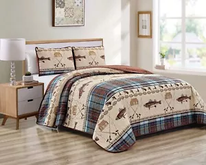 River Fly Fishing Themed Rustic Cabin Lodge Quilt Stitched Bedspread Bedding ... - Picture 1 of 5