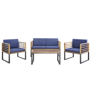 4pcs Patio Acacia Wood Chair Table Loveseat Cushioned Furniture Set Outdoor Navy - Picture 1 of 9