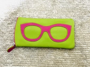 ILI New York Eyeglass Sunglasses Case Green/Pink Zipper Soft Pebble Leather - Picture 1 of 11