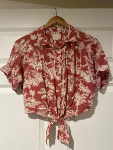American Eagle Cropped Elastic Tie Waist Hawaiian Button Up Top Women’s Medium - Picture 1 of 6
