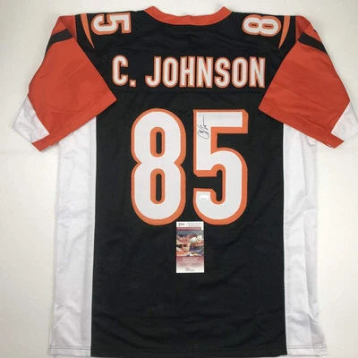 Camiseta de fútbol negra autografiada/firmada de Chad Johnson Cincinnati certificado de autenticidad JSA automática Foto 1 de 4