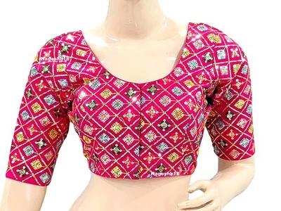 Blusa de Trabajo Lentejuelas, Blusa Sari de Trabajo Rajastán Rosa, Blusa Sari Bordada Foto 1 de 4