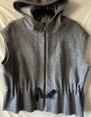 韩国女式灰色希瑟连帽背心,正面拉链,抽绳腰围,O/S,全新无标签 — 第 1/4 张图片