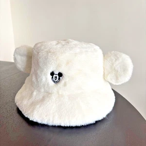 Japan Tokyo Disney Resort limited Ears Mickey Fluffy Winter Cap Bucket Hat White - Picture 1 of 7