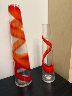 Designguild Glass Vase with Red Swirl Ribbon Stripe Set of 2 Tabletop Home Decor - Image 1 of 4