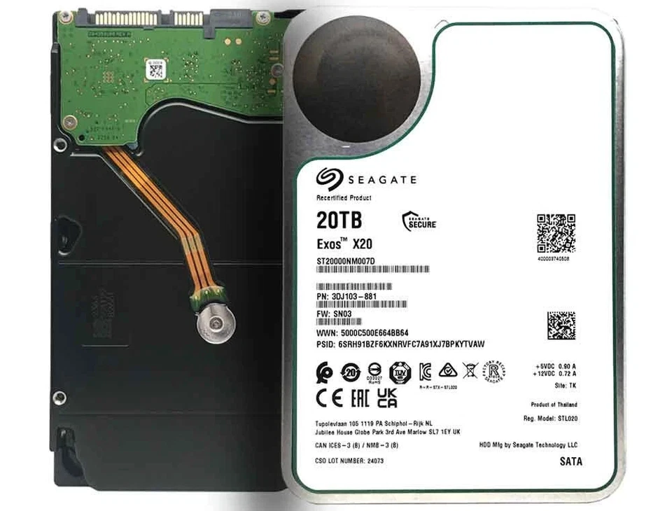 Seagate Exos X20 (7200RPM, 3.5", SATA III) 20TB Internal Hard Drive - Low Hours - Image 1 of 1