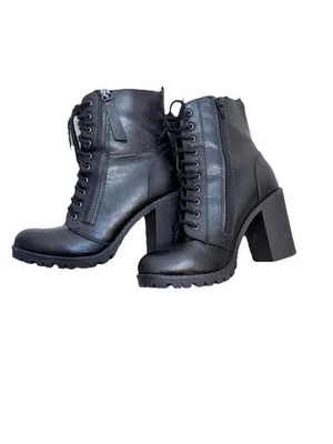 Botas de combate femininas Soda tamanho 8 couro sintético preto com cadarço salto alto lateral com zíper - Imagem 1 de 4